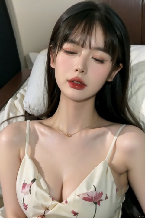  score_9, score_8_up, score_7_up, Expressiveh, ultra detailed, one beautiful girl, bldelf, solo, delicate and pale skin, blonde long hair, bangs, closed eyes, pointy ears, blush, large breasts, nipples, sleeping on bed, royal, summer morning, from above, jujingyi