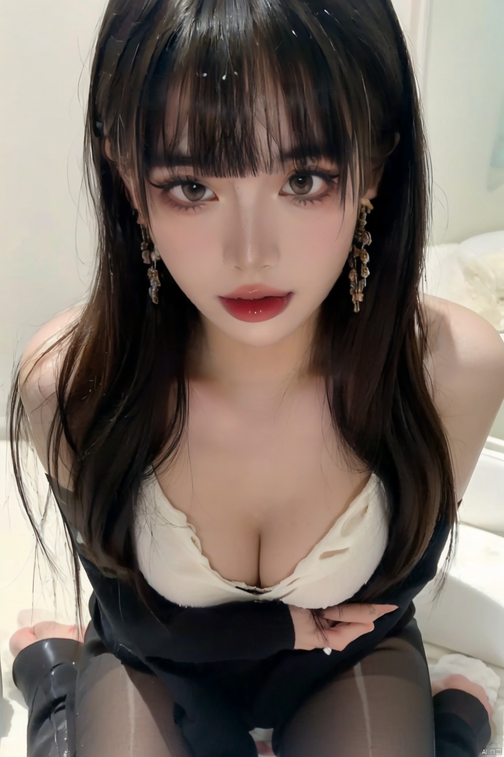 
 8k, masterpiece, best quality, highly detailed, 

1girl, solo, alluring makeup, earrings, a nevus near right eye, ogling at viewer, blushing, {(Flirting naughty face, (fluttered eyelashes:1.3), (sexual suggestion expression, messy bangs, (flushed with desire:1.3), flirtatious glance(eyes brimming with allure:1.2))}, 

smooth lines, 

( sexy body, (large breasts, distinctly defined waist),{(from above),(Wariza:1.7)}, 

blackpantyhose(digging into thighs), girl,