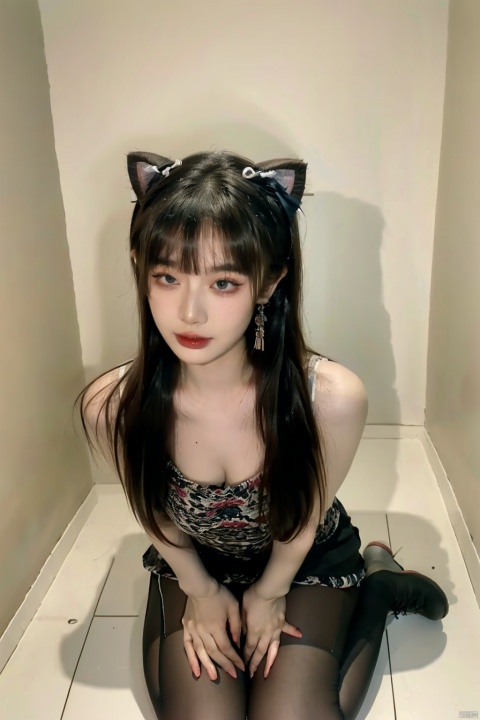  8k, masterpiece, best quality, highly detailed, 1girl, Princess curls, solo, cat tail, alluring makeup, earrings, a nevus near right eye, ogling at viewer, blushing, {(Flirting naughty face, (fluttered eyelashes:1.3),(glad eye:1.5),(cat ears), (sexual suggestion expression, messy bangs, (flushed with desire:1.3), flirtatious glance(eyes brimming with allure:1.2))}, long hair,{twintails,(low twintail)},hair ornament, hairclip, punk, smooth lines, (one hand flipped back hair),liuti, ((thigh_gap:1.1), cameltoe:1.2), sexy body, (large breasts, distinctly defined waist, outward-curving full hips:1.2),(full body shot, head to feet, with bottom margin:1.3),{(from above),(Wariza:1.5)}, Shifengji, blackpantyhose(digging into thighs), girl, qingsha