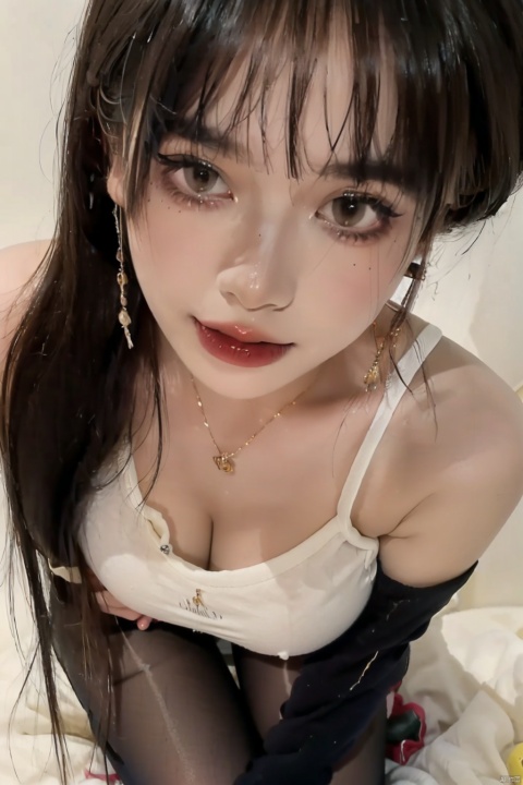 
 8k, masterpiece, best quality, highly detailed, 

1girl, solo, alluring makeup, earrings, a nevus near right eye, ogling at viewer, blushing, {(Flirting naughty face, (fluttered eyelashes:1.3), (sexual suggestion expression, messy bangs, (flushed with desire:1.3), flirtatious glance(eyes brimming with allure:1.2))}, 

smooth lines, 

( sexy body, (large breasts, distinctly defined waist),{(from above),(Wariza:1.7)}, 

blackpantyhose(digging into thighs), girl,