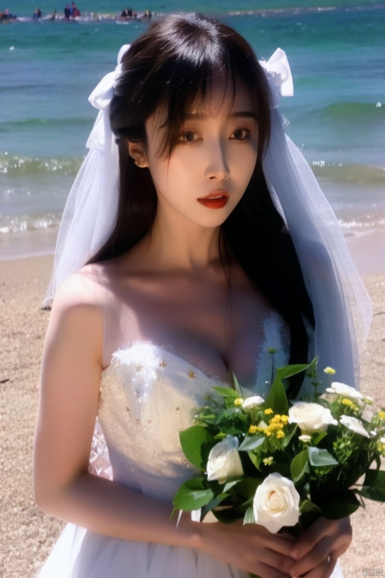  1 girl,solo,ocean,outdoors,bouquet, flower, dress, jewelry, earrings, long hair, brown hair,hanfu dress, wedding dress,lolanse, red flower, veil, rose, bare shoulders, holding bouquet, white rose, sleeveless dress,standing, hair bow, bridal veil, bride, sleeveless, bow, ribbon, black hair, red lips, hair ribbon, lips, breasts,BREAK,collarbone,breasts,deep cleavage, strapless,