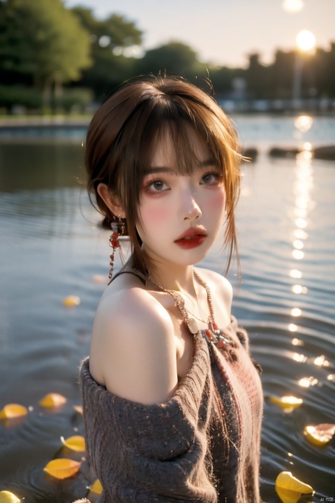  1girl,Short hair, earrings, necklaces, orange hair, off shoulder, chest, water, looking at the audience, the fallen leaves on the water,partially submerged, sunset, afterglow, evening,yoimiya (genshin impact), poakl ggll girl, ((poakl))