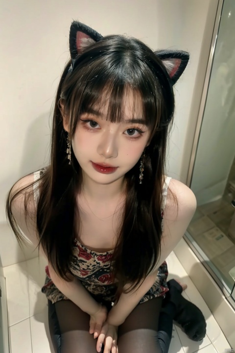  8k, masterpiece, best quality, highly detailed, 1girl, Princess curls, solo, cat tail, alluring makeup, earrings, a nevus near right eye, ogling at viewer, blushing, {(Flirting naughty face, (fluttered eyelashes:1.3),(glad eye:1.5),(cat ears), (sexual suggestion expression, messy bangs, (flushed with desire:1.3), flirtatious glance(eyes brimming with allure:1.2))}, long hair,{twintails,(low twintail)},hair ornament, hairclip, punk, smooth lines, (one hand flipped back hair),liuti, ((thigh_gap:1.1), cameltoe:1.2), sexy body, (large breasts, distinctly defined waist, outward-curving full hips:1.2),(full body shot, head to feet, with bottom margin:1.3),{(from above),(Wariza:1.5)}, Shifengji, blackpantyhose(digging into thighs), girl, qingsha