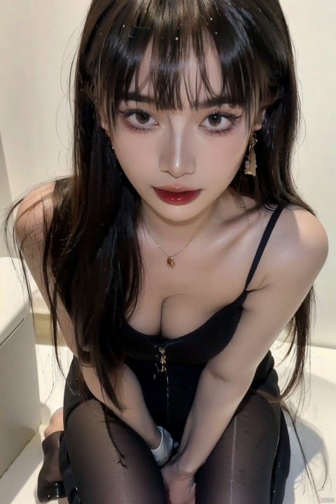 
 8k, masterpiece, best quality, highly detailed, 

1girl, solo, alluring makeup, earrings, a nevus near right eye, ogling at viewer, blushing, {(Flirting naughty face, (fluttered eyelashes:1.3), (sexual suggestion expression, messy bangs, (flushed with desire:1.3), flirtatious glance(eyes brimming with allure:1.2))}, 

smooth lines, 

( sexy body, (large breasts, distinctly defined waist),{(from above),(Wariza:1.7)}, 

blackpantyhose(digging into thighs), girl,