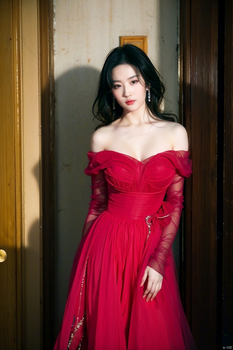  sdmai, hongchen, 1girl, solo, dress, red dress, black hair, realistic, breasts, jewelry, earrings, looking at viewer, bare shoulders,(big breasts:1.69), liuyifei,(large breasts:1.1),(breast expansion:1.6), (cleavage:1.2), liuyife
