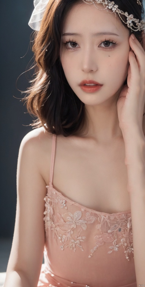  (beautiful and elegant girl:1.3),(close-up:1.2),sitting,a dress inlaid with pearls,(fashion clothing design:1.1),veil,black hair,
,Pink coral,shell,coral hair accessories,pink atmosphere, (masterpiece:1.2), best quality, masterpiece, highres, original, extremely detailed wallpaper, perfect lighting,(extremely detailed CG:1.2）