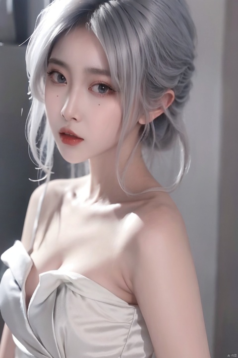  1girl, solo, white hair, grey hair, blue eyes, bare shoulders, white dress, strapless dress,clean face,
beautiful face,
pure face,
milky skin,
pale skin,
smooth skin,
delicate skin texture,
exquisite skin texture,
creamy skin,Unparalleled masterpiece,
high-quality,
high quality,
surreal 8k CG,