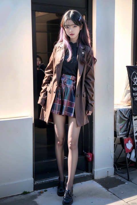  Sunshangxiang,1girl,solo,long hair,skirt,purple hair,multicolored hair,coat,pink footwear,personification,long sleeves,shoes,jewelry,gradient hair,looking at viewer,pink hair,boots,, (raw photo:1.2),((photorealistic:1.4))best quality,masterpiece,illustration,an extremely delicate and beautiful,extremely detailed,CG,unity,8k wallpaper,Amazing,finely detail,masterpiece,best quality,official art,extremely detailed CG unity 8k wallpaper,absurdres,incredibly absurdres,huge filesize,ultra-detailed,highres,extremely detailed,beautiful detailed girl,cinematic lighting,1girl,pale skin,tall female,(perfect body shape),skinny body,Slender legs, caiyi, black pantyhose