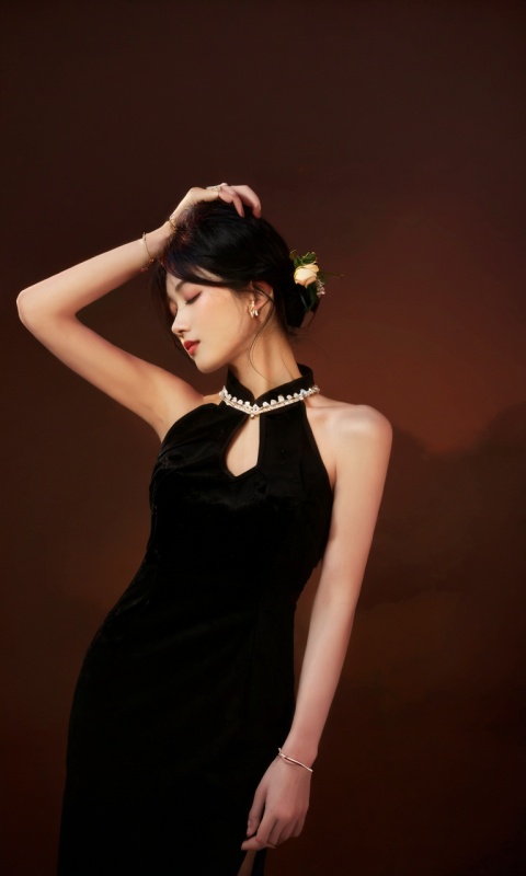 woman,moyou, solo, jewelry, flower, dress, closed eyes, necklace, bracelet, holding flower, black dress, holding, black hair, earrings, sleeveless, rose, bare shoulders, hair ornament, sleeveless dress, short hair, lips, A Beautiful Chinese Woman