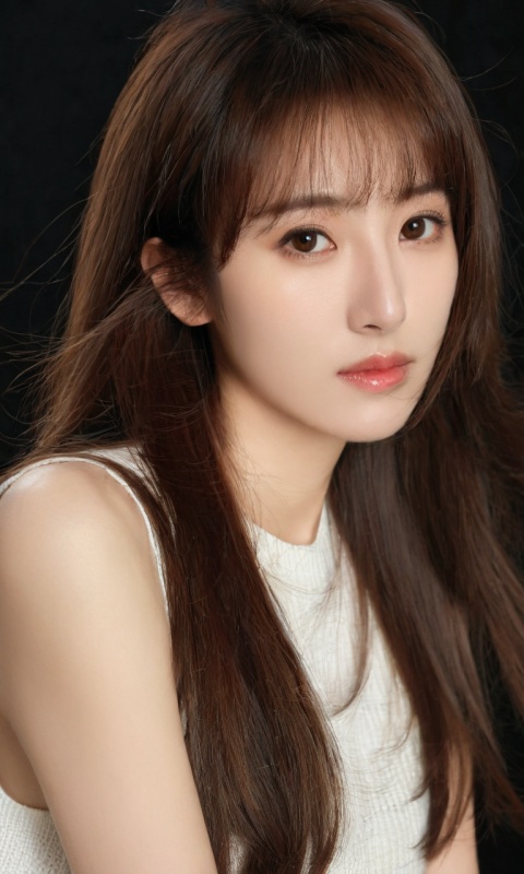 woman,moyou, solo, brown hair, brown eyes, looking at viewer, long hair, black background, simple background, upper body, lips, sleeveless, bangs, from side, shirt, nose, Beautiful Chinese Women, She has exquisite facial features and delicate skin, Rich and realistic skin texture