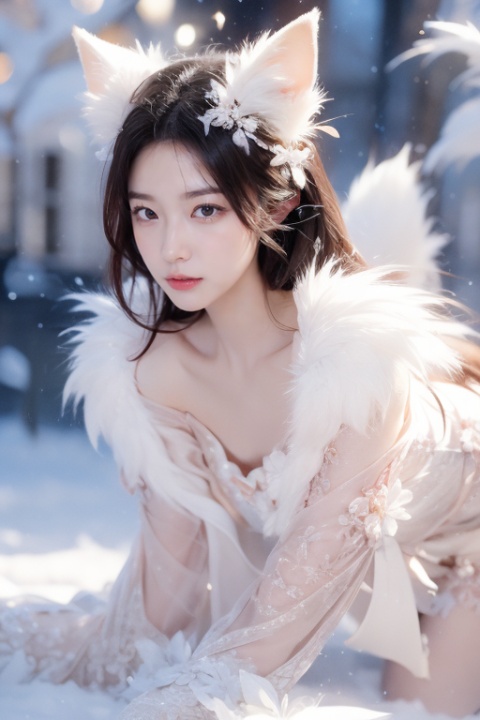 A delicate and elegant Chinese woman crawling like a fox in the ice and snow. A surreal, glowing light enveloped her, casting a magical halo. The appearance of this woman awakened the charming qualities of foxes, symbolizing transformation and beauty. The work should capture her crawling, surrounded by a snowy background, and convey a surreal and dreamlike sense of wonder