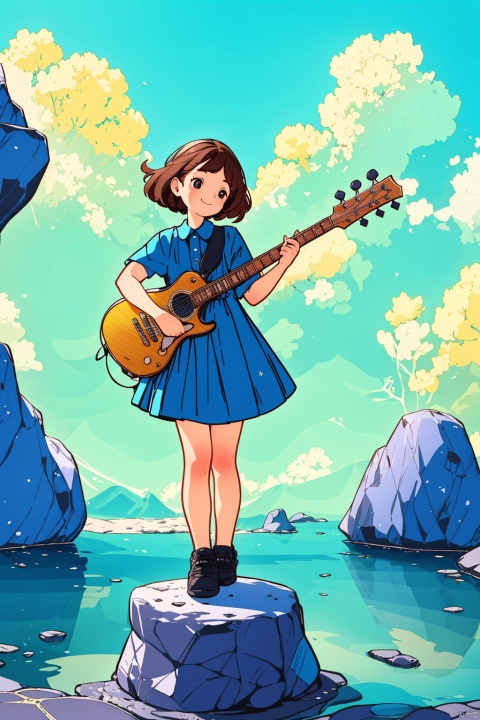  a girl, full body photo, standing, pompous action, rock, talking about the guitar, happy, happy, positive perspective,(best quality), ((masterpiece)), (highres), extremely detailed 8K wallpaper
