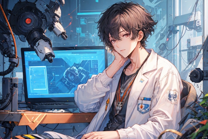  A handsome, sunny boy sitting in a laboratory studying ((robots:1)),asip