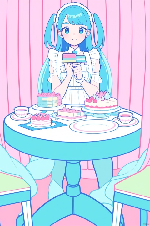 A cute girl sits at a round table with many cakes in fresh and cute colors