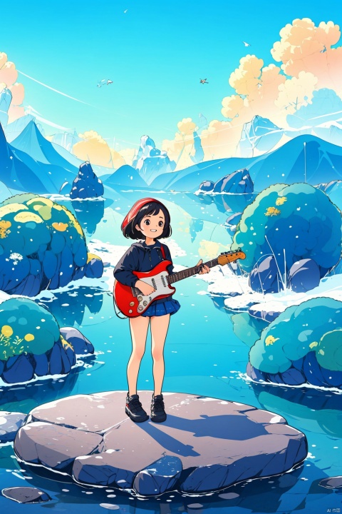  a girl, full body photo, standing, pompous action, rock, talking about the guitar, happy, happy, positive perspective,(best quality), ((masterpiece)), (highres), extremely detailed 8K wallpaper