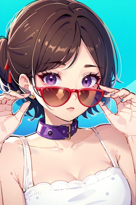  ((Masterpiece)), ((Best Quality)),Toodles Galore, purple collar, 1girl, dress, sunglasses, red sunglasses, upper_body