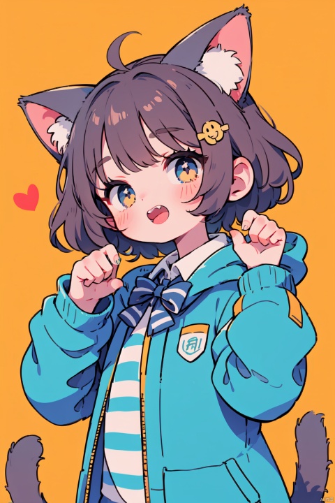 1 little girl,solo, animal ears, bow, teeth, jacket, tail, open mouth, brown hair, orange background, bowtie, orange nails, simple background, cat ears, orange eyes, blue bow, animal ear fluff, cat tail, looking at viewer, upper body, shirt, school uniform, hood, striped bow, striped, white shirt, black jacket, blue bowtie, fingernails, long sleeves, cat girl, bangs, fangs, collared shirt, striped bowtie, short hair, tongue, hoodie, sharp teeth, facial mark, claw pose, hooded jacket, blue hoodie, yellow background, hair ornament, paw ornament, tail raised, dress shirt, hairpin, slit pupils, hair over one eye, arm behind back, striped clothes, whisker markings, hand up