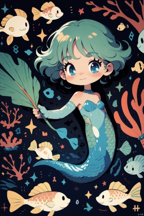  A cute cartoon mermaid in the deep sea with many bubbles
