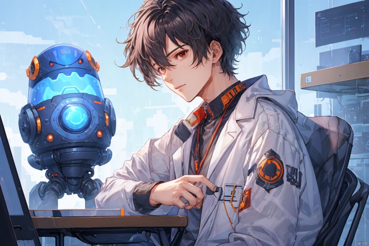  A handsome, sunny boy sitting in a laboratory studying ((robots:1)),asip