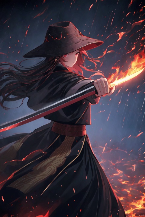  Imperial Order, close-up shot of a beautiful attractive woman as Embroidered Uniform Guard, wearing black Chinese armor with black bamboo hat, holding a sword in hands, dynamic poses, standing on battlefield at night, flames, particle effects , highly detailed, ultra-high resolutions, 32K UHD, best quality, masterpiece