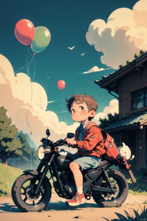  1boy,Riding a motorcycle,male focus, solo, necktie, male child, bag, smile, full body, brown hair, backpack, looking at viewer, shoes, jacket, child, happy paradise\(ip\), outdoors, sky, plant, scenery, cloud, tree, grass, day, balloon, window, string of flags, house, , guzhuang