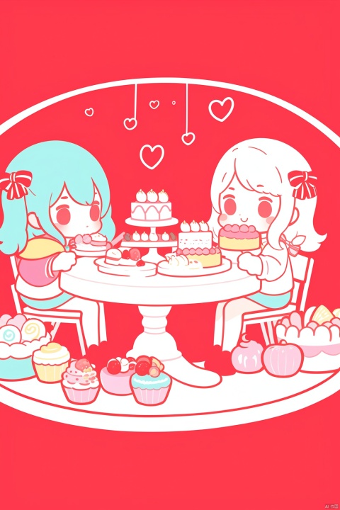  A cute girl sits at a round table with many cakes in fresh and cute colors
