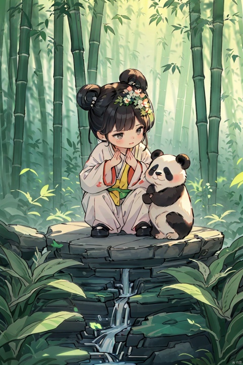  the best picture quality,the best painting,ancient,a little girl,beautiful hands,half squat,bamboo forest,there are cute little pandas in the bamboo forest, gm, Anime, MG xiongmao