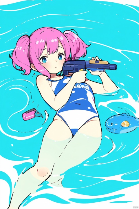  Cute little girl, swimsuit, sea water, toy gun
