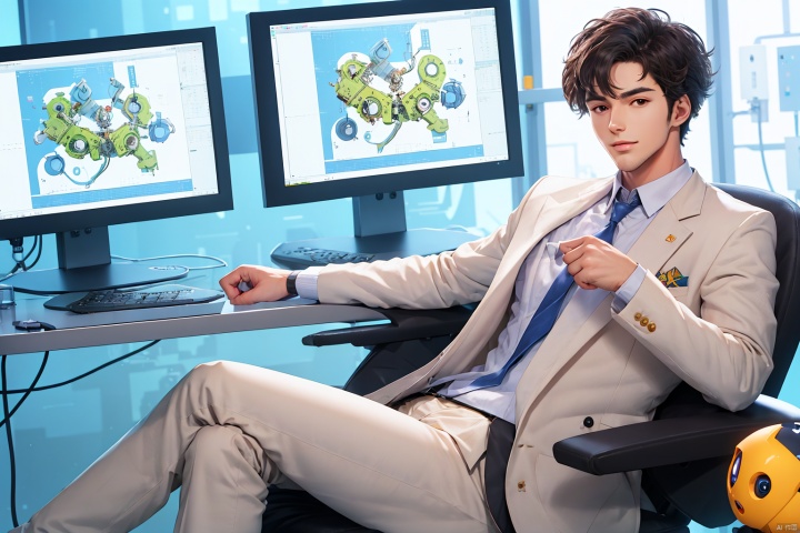  A handsome, sunny boy sitting in a laboratory studying ((robots:1)),asip