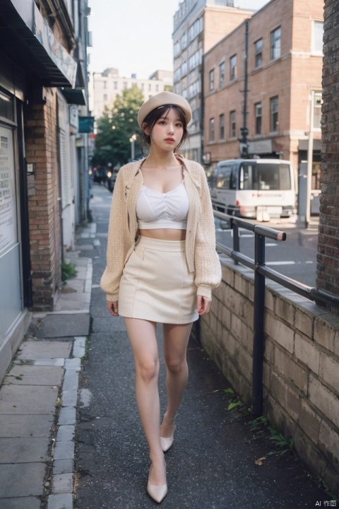 masterpiece, best quality, ultra high res, busty beauty in lace trimmed miniskirt and stockings, beige beret, city street with brick buildings, confident walk and seductive expression