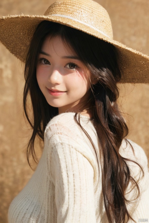 best quality, masterpiece, ultra high res,1girl, big breast, looking at viewer,pure color background,1girl, solo, long hair, looking at viewer, smile, bangs, brown hair, black hair, hat, brown eyes, upper body, from side, sweater, lips, realistic, straw hat, photo background, takei film
