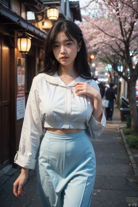 masterpiece, best quality, ultra high res; a slender, busty, and seductive woman in a crisp sailor uniform, emphasizing curves and intricate details; set within a vintage Japanese street scene at twilight, with cherry blossoms and lanterns illuminating her presence; the atmosphere evokes a blend of sultry sophistication and nostalgic whimsy, captured through a dramatic low-angle shot with a shallow depth of field that accentuates her gaze and form, harmoniously framing her against the traditional backdrop.