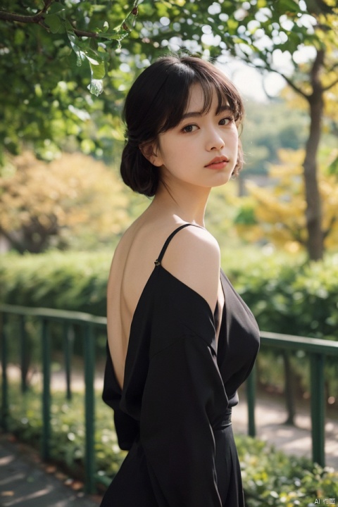 Masterpiece, buxom slim woman in black dress, detailed elegant attire, ginkgo tree backdrop, serene autumn ambiance, soft diffused lighting, shallow depth of field portrait shot.
 takei film