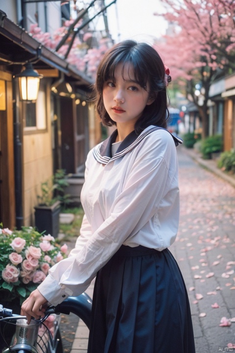 masterpiece, best quality, ultra high res; a slender, busty, and seductive woman in a crisp sailor uniform, emphasizing curves and intricate details; set within a vintage Japanese street scene at twilight, with cherry blossoms and lanterns illuminating her presence; the atmosphere evokes a blend of sultry sophistication and nostalgic whimsy, captured through a dramatic low-angle shot with a shallow depth of field that accentuates her gaze and form, harmoniously framing her against the traditional backdrop.