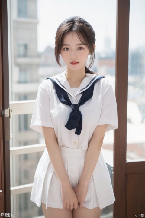 masterpiece, best quality, ultra high res; a slender, busty schoolgirl in form-fitting sailor uniform; precise outfit details, large bust emphasis, pristine white backdrop; alluring yet sophisticated ambience, hinting at nostalgia; balanced composition, soft focus on facial expression, highlighting figure and uniform's texture, evoking a sensual, yet nostalgic, high fashion school-themed portrait.