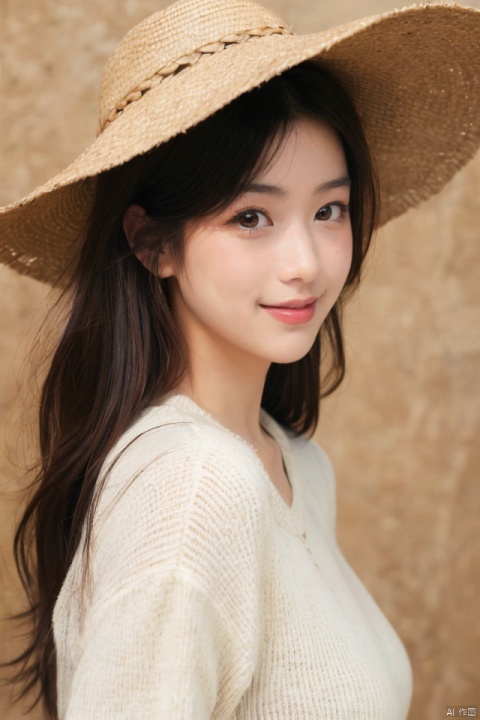 best quality, masterpiece, ultra high res,1girl, big breast, looking at viewer,pure color background,1girl, solo, long hair, looking at viewer, smile, bangs, brown hair, black hair, hat, brown eyes, upper body, from side, sweater, lips, realistic, straw hat, photo background, takei film