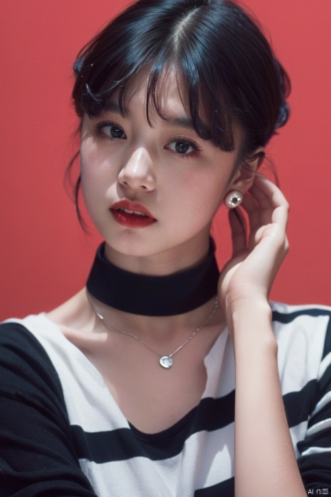 best quality, masterpiece, ultra high res,1girl, big breast, looking at viewer,pure color background, 1girl, solo, looking at viewer, short hair, shirt, black hair, jewelry, upper body, earrings, parted lips, choker, striped, necklace, black eyes, lips, hand in own hair, striped shirt, realistic, red lips.yosshi film, 