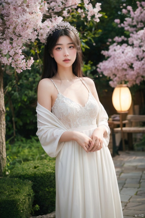 masterpiece, best quality, ultra high res, a slender, alluring beauty with ample bosom in traditional phoenix crown and rosy clouds bridal attire; intricate headdress, flowing robes with fine embroidery, showcasing her curves; set in an ancient courtyard garden filled with blooming cherry blossoms, lanterns hanging from trees, moon gate framing the scene; capturing a serene yet sensual atmosphere at twilight, utilizing a medium shot to balance subject and surroundings, soft lighting emphasizing the rich colors and textures of her dress, juxtaposing her against the ethereal backdrop, employing depth of field to isolate her while maintaining a sense of place.., takei film