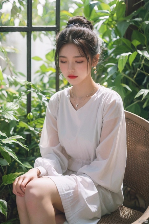 masterpiece, best quality, 1girl, solo, black hair, hair ornament, long sleeves, dress, jewelry, sitting, closed mouth, closed eyes, earrings, wide sleeves, necklace, hair bun, makeup, bird, facial mark, chinese clothes, single hair bun, branch, red lips, crow, updo, bird on hand,