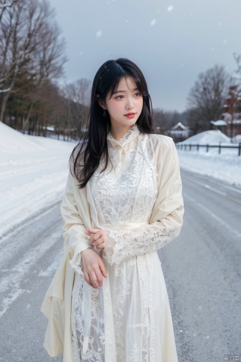 masterpiece, best quality, ultra high res, a beautiful woman in a lace dress in the winter snow, detailed description of the woman and dress, snow-covered environment, romantic and dreamy atmosphere,