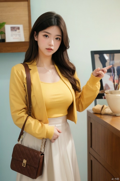 best quality, masterpiece, ultra high res,1girl, big breast, looking at viewer,pure color background,1girl, solo, looking at viewer, skirt, brown hair, shirt, brown eyes, standing, jacket, indoors, medium hair, blurry, lips, blurry background, formal, yellow shirt, handbag, realistic, takei film