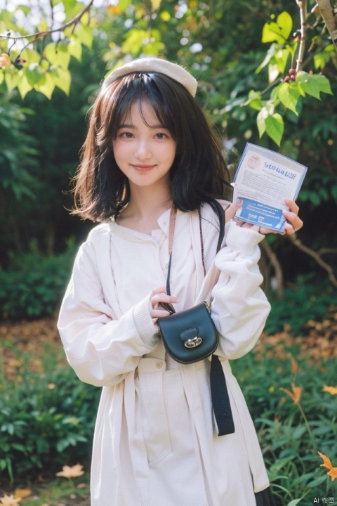 best quality,masterpiece,ultra high res,1girl,looking at viewer, 1girl,skirt,sailor collar,holding,smile,pleated skirt,hat,school uniform,solo,camera,long hair,off shoulder,shirt,bag,brown eyes,blurry,:d,bangs,serafuku,black sailor collar,holding camera,black skirt,autumn leaves,white headwear,white shirt,leaf,long sleeves,open clothes,open mouth,puffy long sleeves,blush,looking at viewer,ginkgo leaf,animal,blurry foreground,depth of field,cardigan,animal on shoulder,squirrel,blurry background,bow,beret,brown hair,black bow,puffy sleeves,open cardigan,hair between eyes,autumn,shoulder bag,hair ribbon,ribbon,white cardigan,maple leaf,outdoors,collarbone,falling leaves,vintage filter