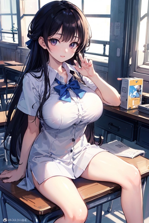 best quality, masterpiece, ultra high res,1girl, big breast, looking at viewer,pure color background,
half updo, sexy high school uniform, sitting in a classroom, sunlight illuminating the scene, calm and peaceful atmosphere, professional camera angles and composition