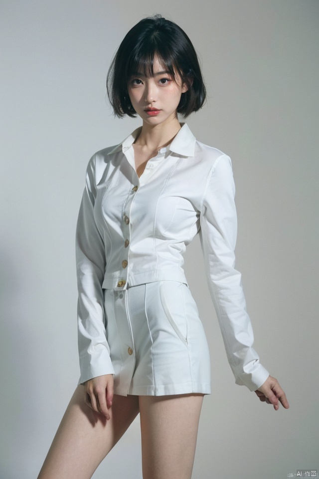 masterpiece,best quality,ultra high res; 1girl,white background, 
collared_shirt,skirt_suit, takei film
