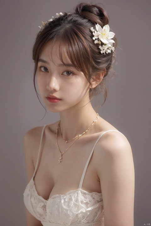 
best quality,masterpiece,ultra high res,looking at viewer,simple background,portrait (object), 1girl, solo, breasts, brown hair, hair ornament, dress, cleavage, brown eyes, jewelry, flower, hair flower, necklace, lips, single hair bun
