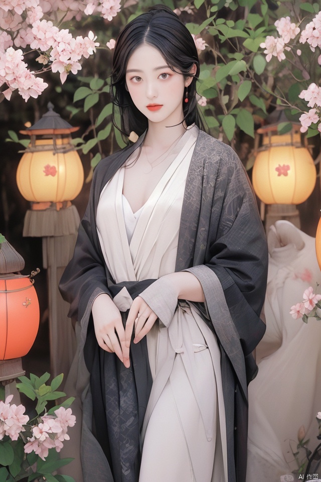 masterpiece, best quality, ultra high res, a slender and alluring Eastern beauty with ample cleavage, standing confidently in traditional silk attire, intricate embroidery details on the fabric catching the soft ambient light; set against a backdrop of an ancient Chinese garden at dusk, cherry blossom trees in bloom, lanterns softly illuminating the serene environment; exuding grace and sensuality, captured with a masterful composition using depth of field to emphasize her figure while maintaining the delicate balance of the scene, utilizing warm golden hour lighting to enhance the overall visual allure.