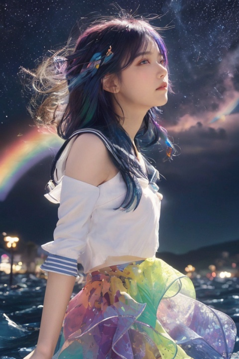 ((extremely detailed CG)),((8k_wallpaper)),(((masterpiece))),((best quality)),watercolor_(medium),((beautiful detailed starry sky)),cinmatic lighting,loli,princess,very long rainbow hair,side view,looking at viewer,full body,frills,(far from viewer),((extremely detailed face)),((an extremely delicate and beautiful girl)),((extremely detailed cute anime face)),((extremely detailed eyes)),(((extremely detailed body))),(ultra detailed),illustration,((bare stomach)),((bare shoulder)),small breast,((sideboob)),((((floating and rainbow hair)))),(((Iridescence and rainbow hair))),(((extremely detailed sailor dress))),((((Iridescence and rainbow dress)))),(Iridescence and rainbow eyes),beautiful detailed hair,beautiful detailed dress,dramatic angle,expressionless,(big top sleeves),frills,blush,(ahoge)