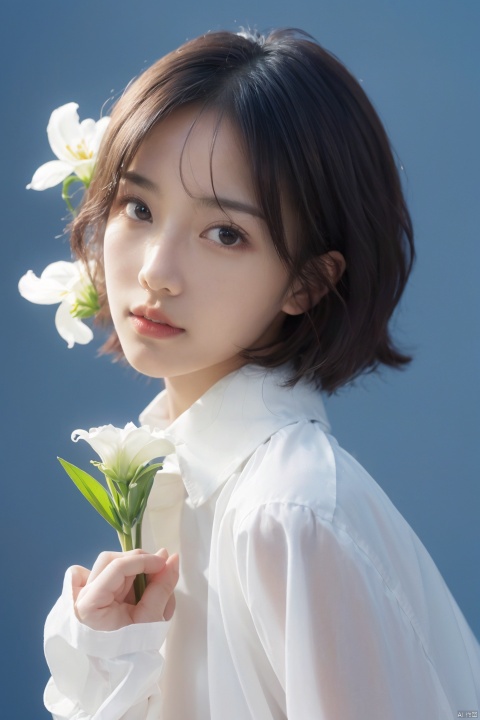 
best quality,masterpiece,ultra high res,looking at viewer,simple background,portrait (object), 1girl, solo, looking at viewer, short hair, shirt, black hair, long sleeves, closed mouth, white shirt, upper body, flower, black eyes, lips, blue background, realistic