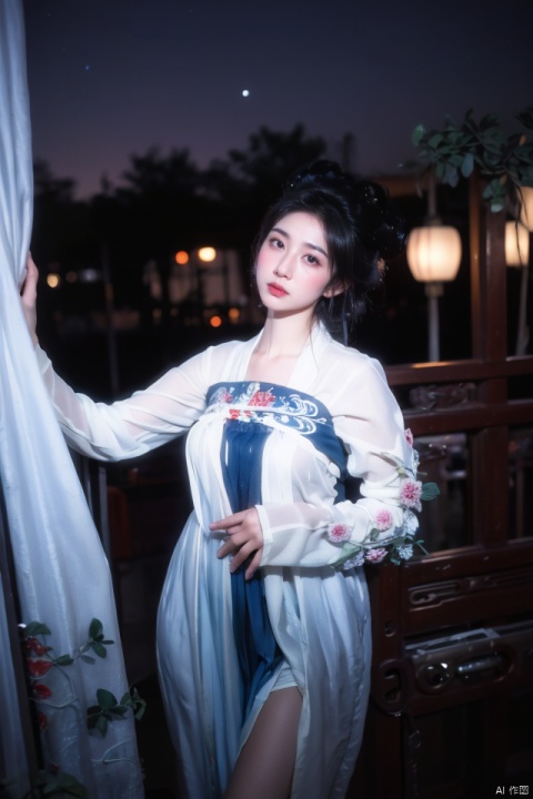 masterpiece, best quality, ultra high res; busty, seductive beauty in black stockings and alluring traditional Chinese qipao, intricate embroidery, figure-hugging design; ancient courtyard garden setting, lanterns hanging, moonlit night, serene oriental atmosphere; capturing a fusion of modern allure and historical elegance; employing low-angle shot, emphasizing curves, dramatic contrast with soft backlighting, composition inspired by classical Chinese painting aesthetics.