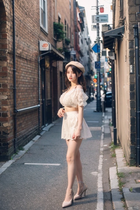masterpiece, best quality, ultra high res, busty beauty in lace trimmed miniskirt and stockings, beige beret, city street with brick buildings, confident walk and seductive expression
